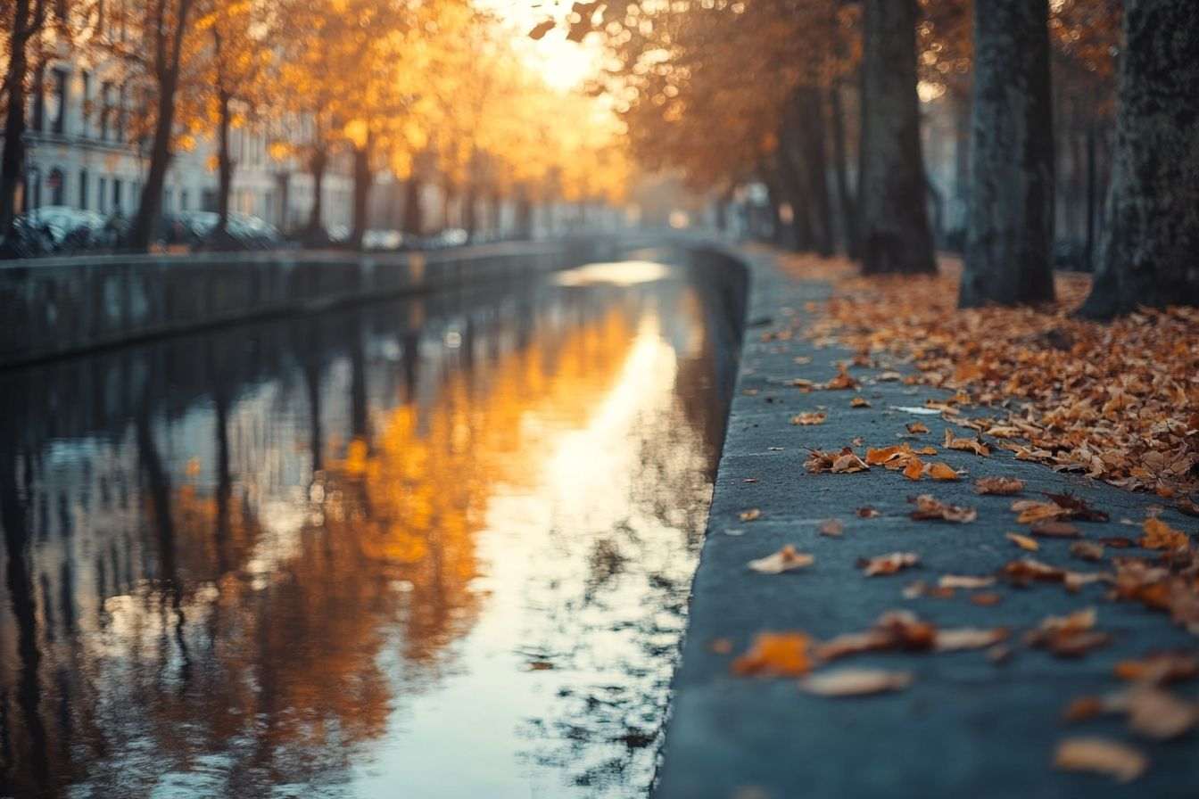 Reflets des arbres d automne dans les eaux du canal de bruxelles au coucher du soleil