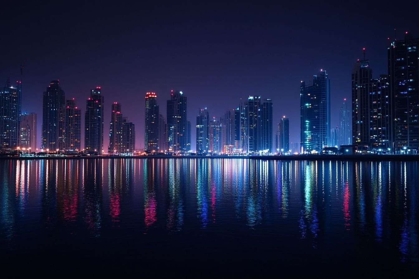 Vue nocturne sur le front de mer de dubaï