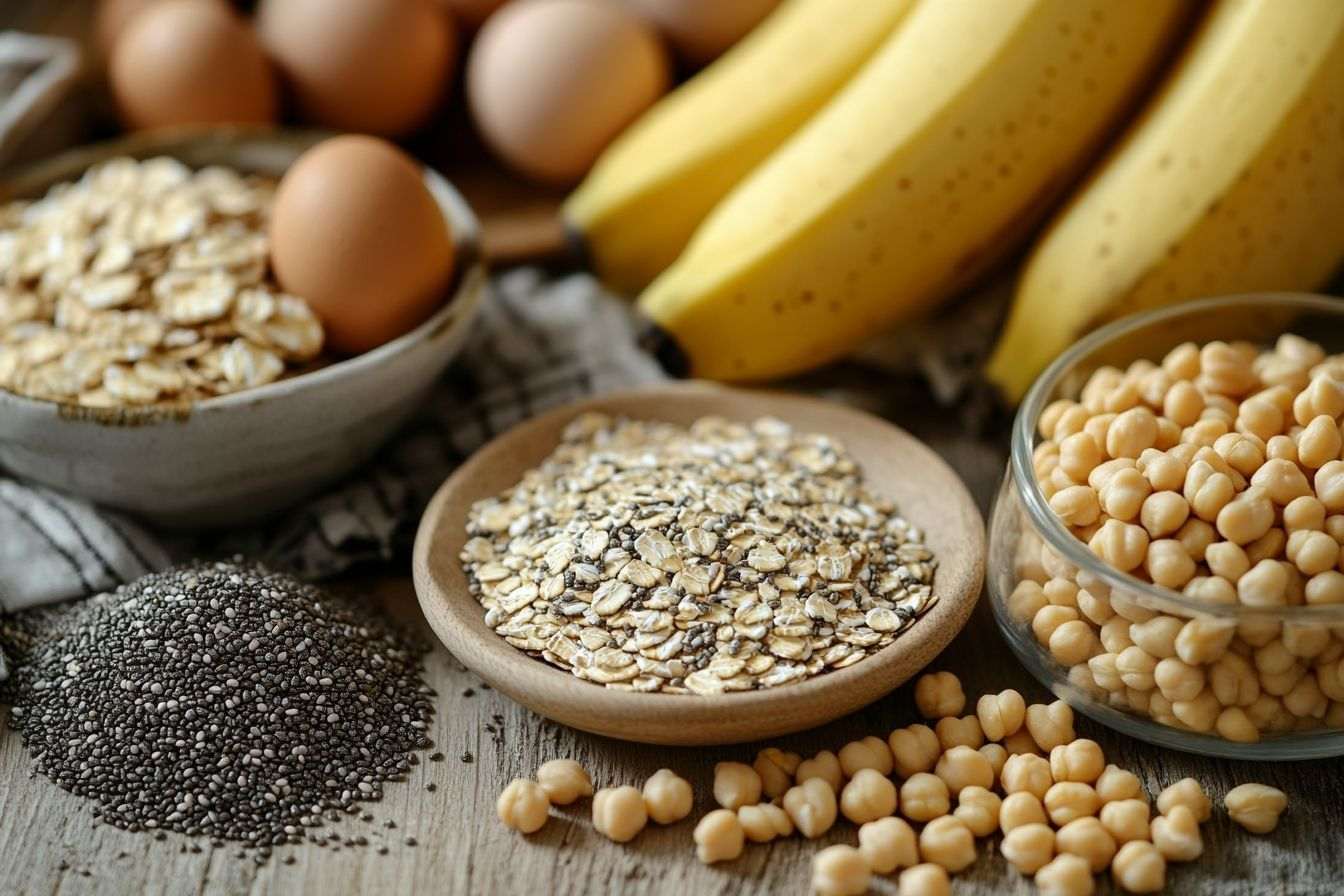 Gros plan d avoine, bananes mûres, œufs, graines de chia, lentilles et pois chiches sur une table en bois clair