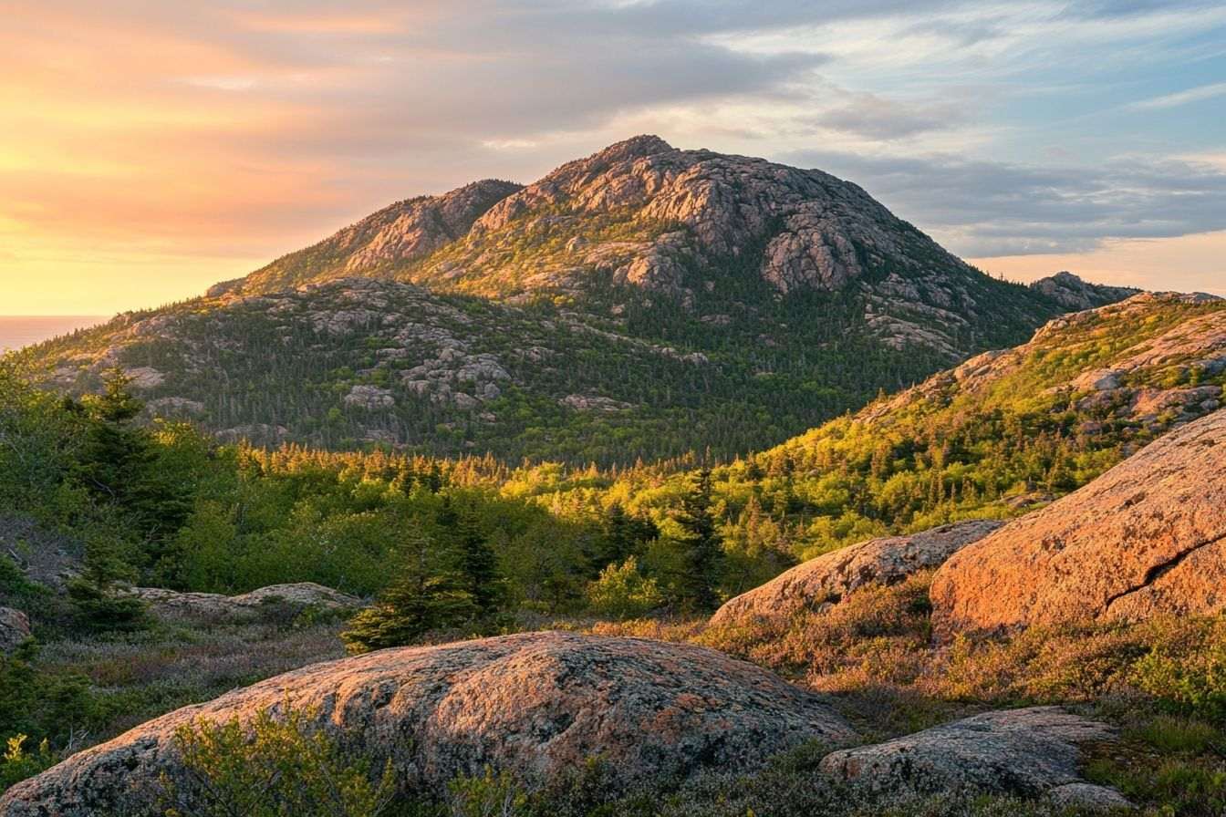 Vue majestueuse des sommets granitiques à l aube au parc national d acadia