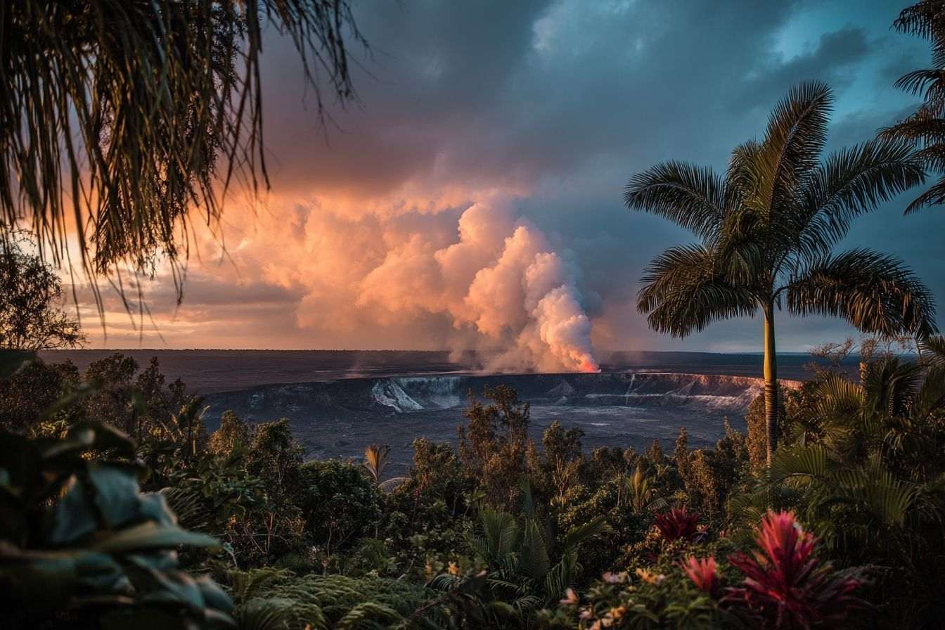 Vue majestueuse du volcan kīlauea au coucher du soleil