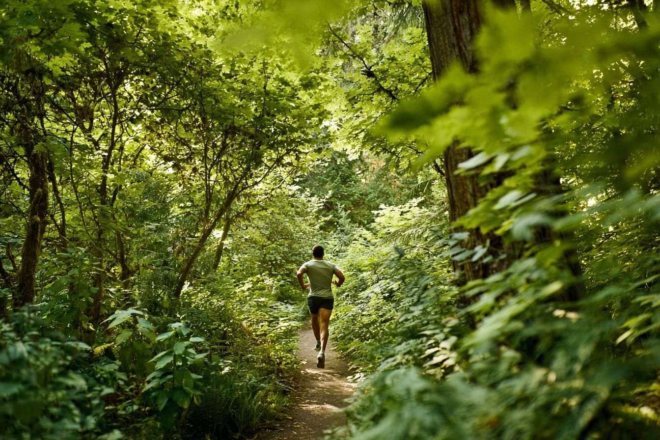 Athlète en pleine course dans une forêt ensoleillée