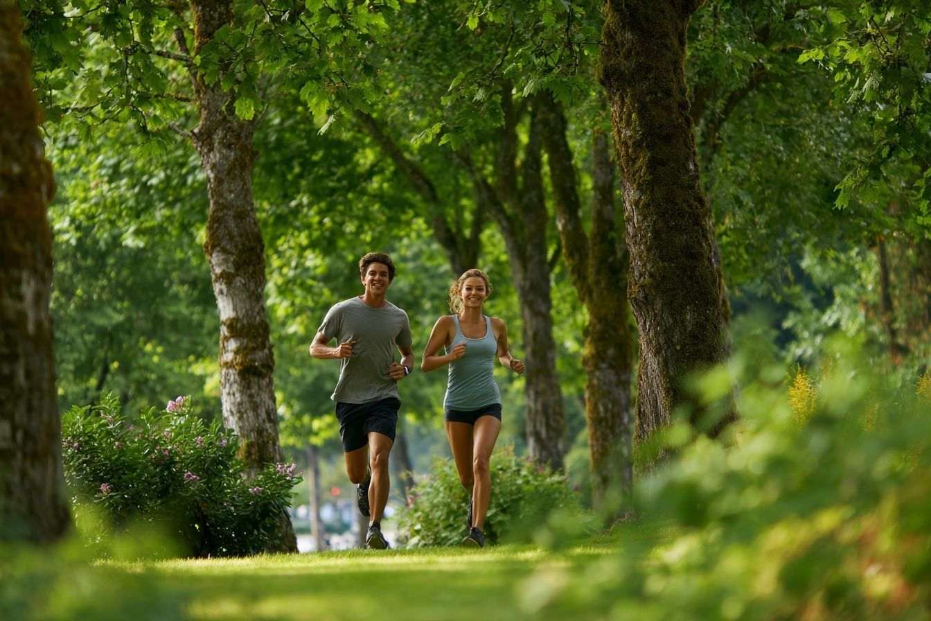 Deux coureurs heureux faisant du jogging dans un parc paisible