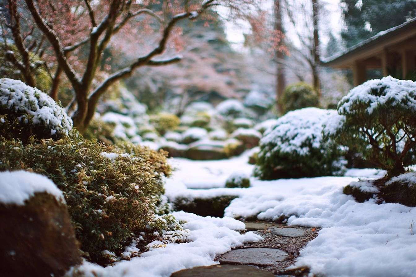 Jardin japonais enneigé