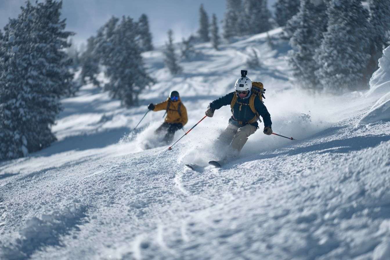 Skiers navigating winter scenery