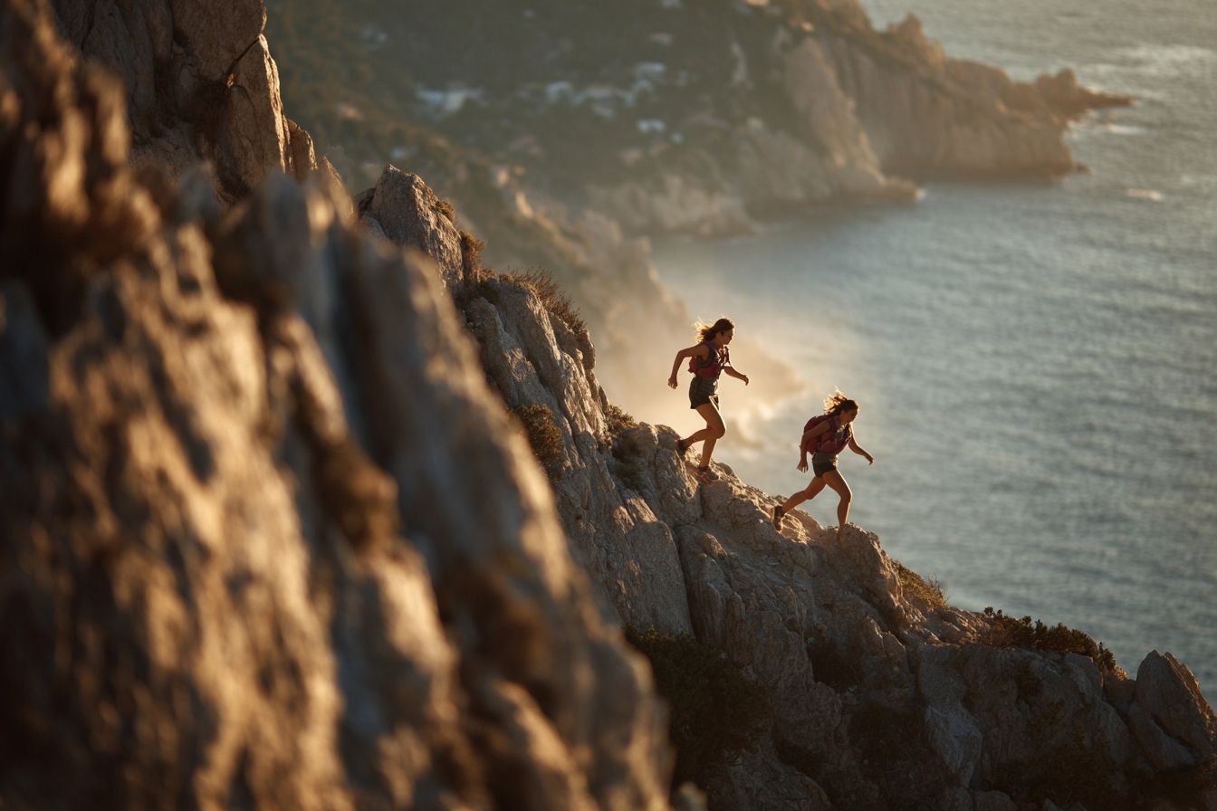 Jeunes coureurs sur sentier escaladant des falaises