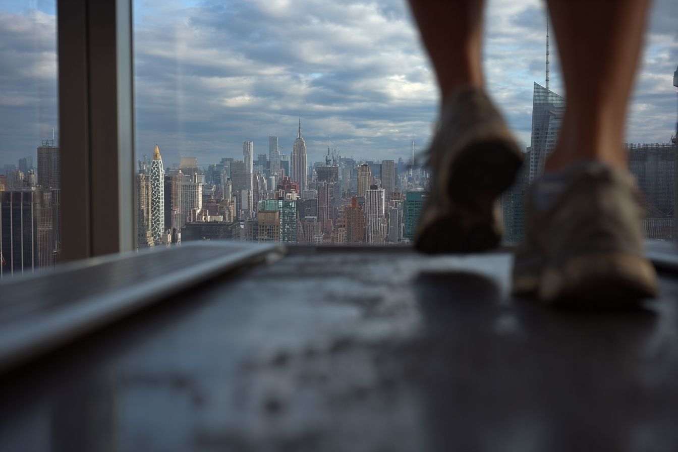 Vue depuis le tapis roulant avec manhattan en arrière plan