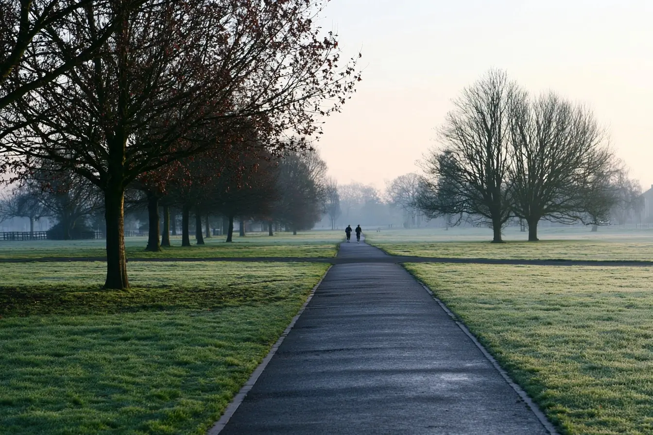 Allée de parc à l’aube avec joggeurs