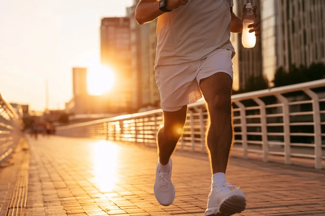 Coureur au soleil bas avec gourde