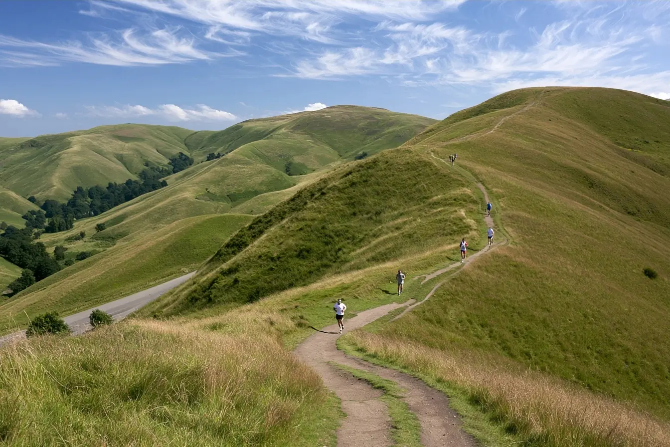 Coureurs sur sentier au-dessus d’une route